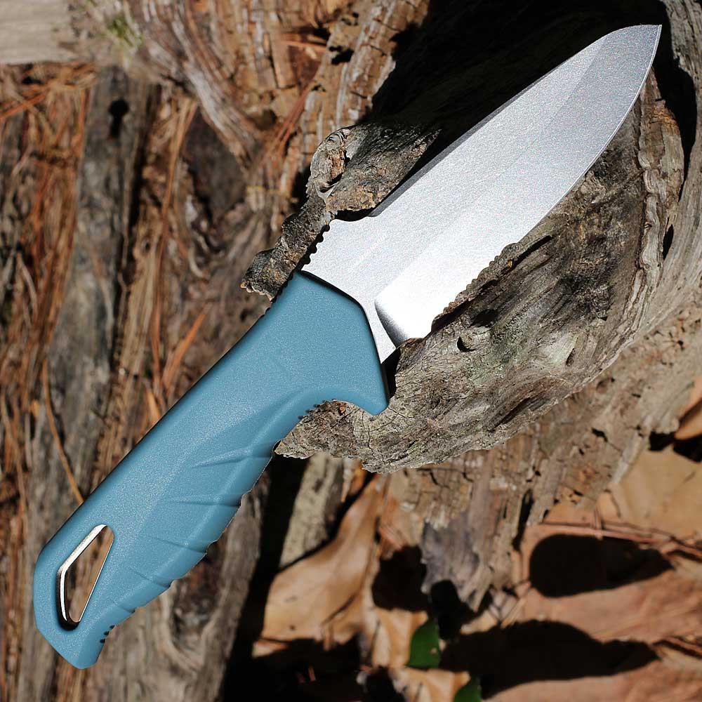Saltwater fishing knife with serrated edge and blue handle.